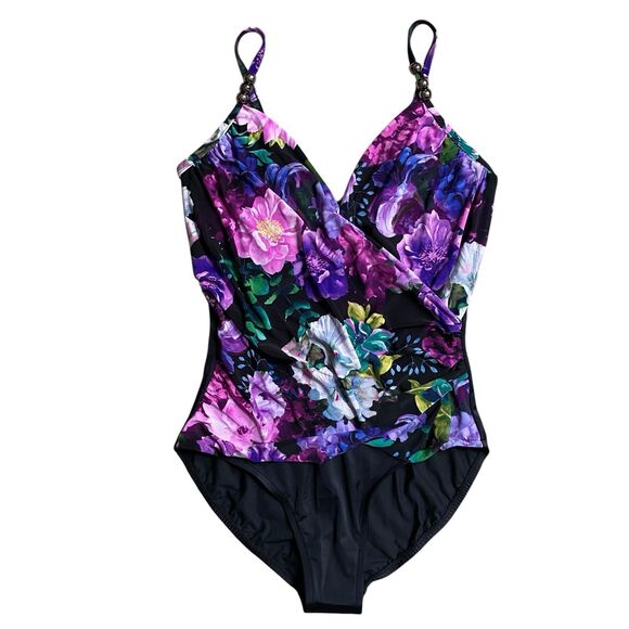 Magicsuit One Piece Swimsuit Size 10 Purple Floral Slimming Wrap Underwire $166 - Picture 2 of 10